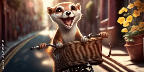 weasel have fun bicycle ride on sunshine day in summer on town street Generative AI photo