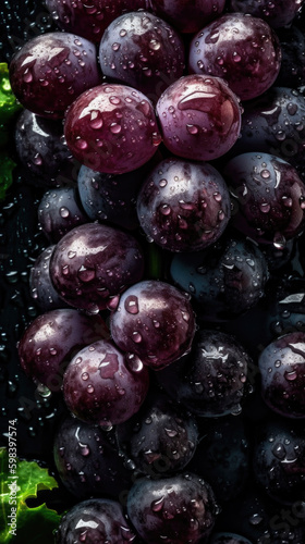 Fresh grapes with water drops, close-up shot on black background. Generative AI.