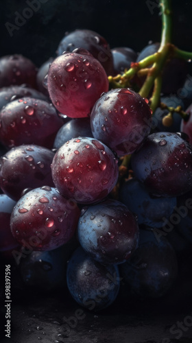 Fresh grapes with water drops, close-up shot on black background. Generative AI.