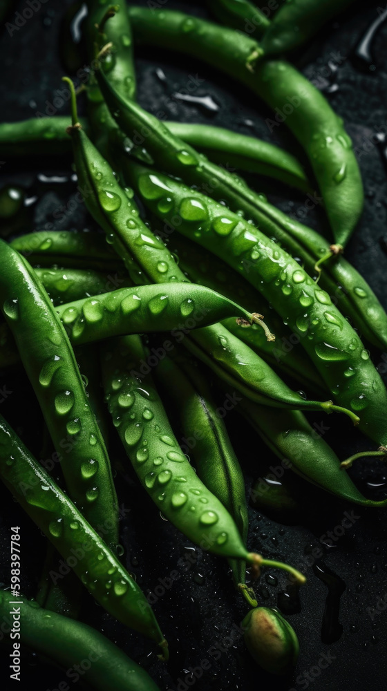 Fresh green beans with water drops, close-up shot on black background. Generative AI. Fresh green beans with water drops, close-up shot on black background. Generative AI.