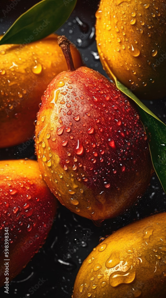 Fresh mango with water drops, close-up shot on black background. Generative AI.