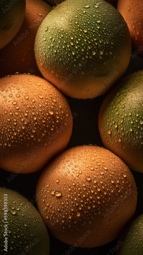 Fresh melon with water drops, close-up shot on black background. Generative AI. Fresh melon with water drops, close-up shot on black background. Generative AI.