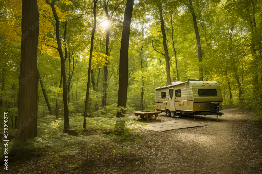 travel trailer camping in the woods, generative ai