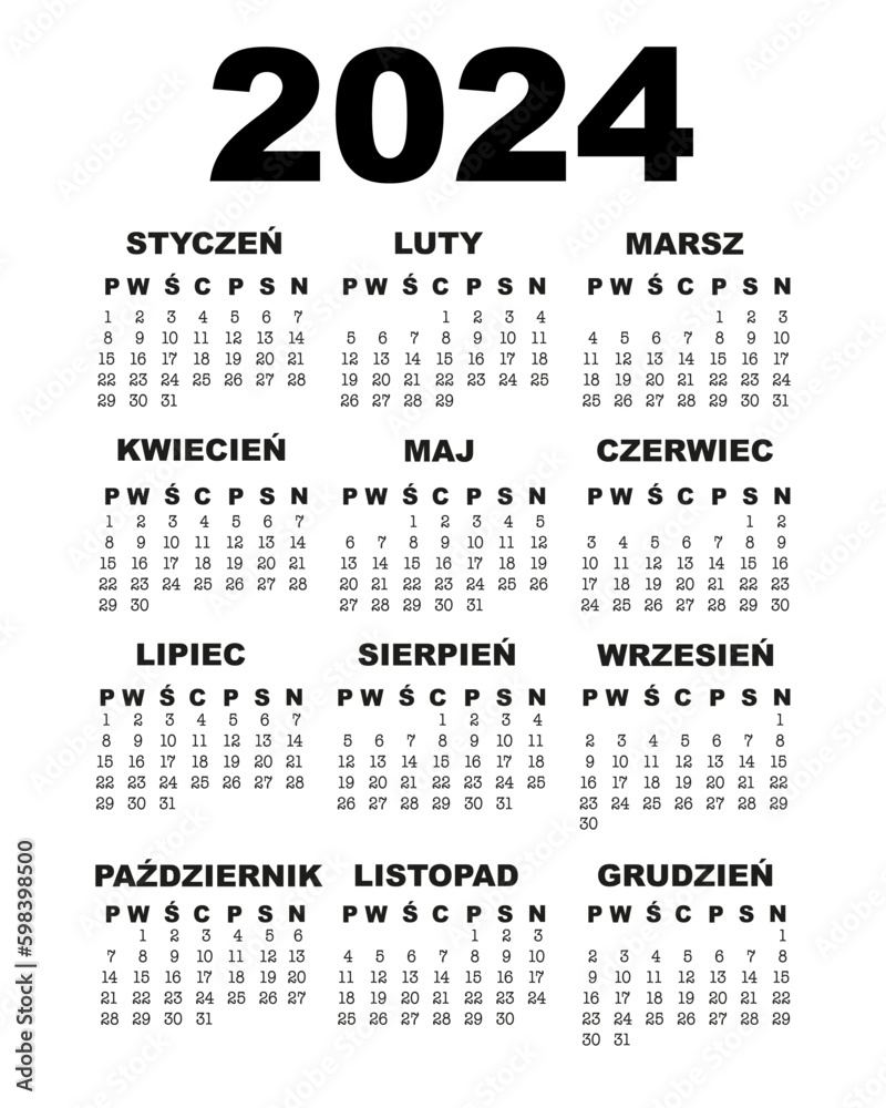 Polish Calendar for 2024. Calendar for 2024 in Polish. Week starts on