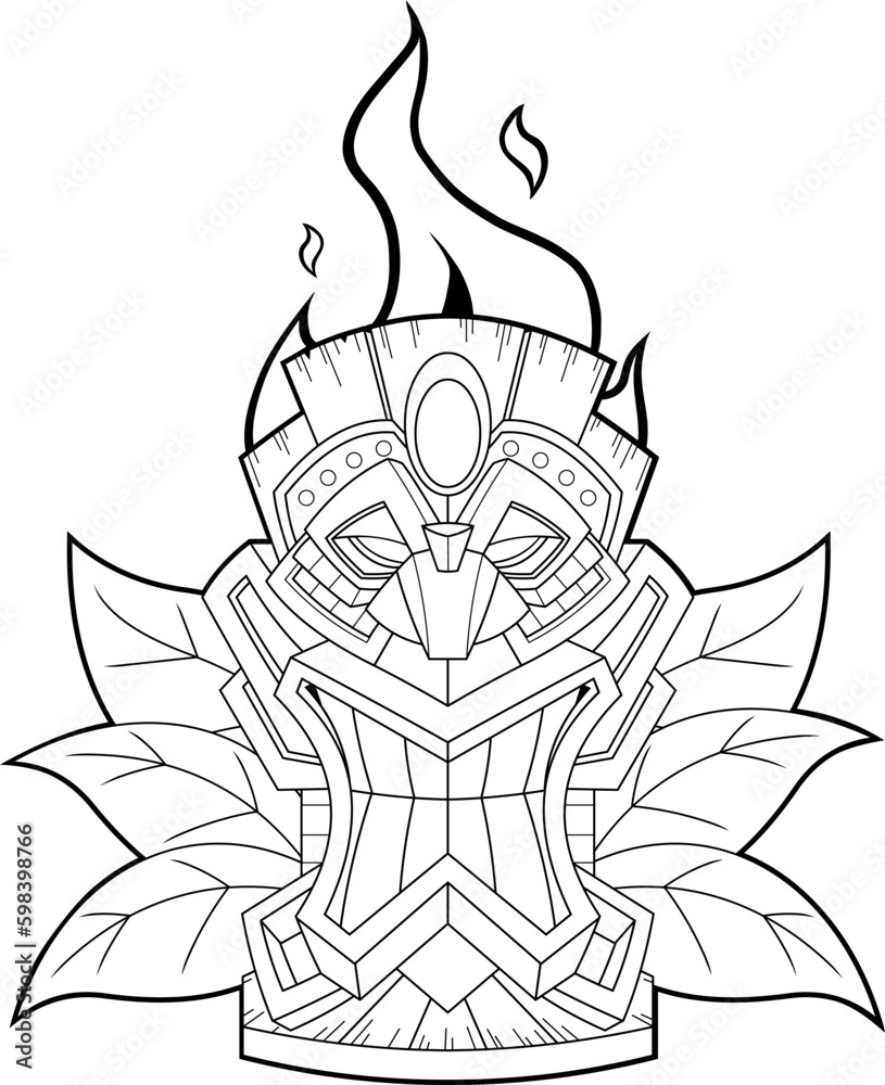 Obraz premium Outlined Cartoon Tiki Tribal Wooden Mask With Flames And Leaves. Vector Hand Drawn Illustration Isolated On Transparent Background