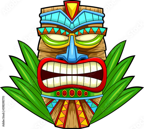 Cartoon Tiki Tribal Wooden Mask With Leaves. Vector Hand Drawn Illustration Isolated On Transparent Background