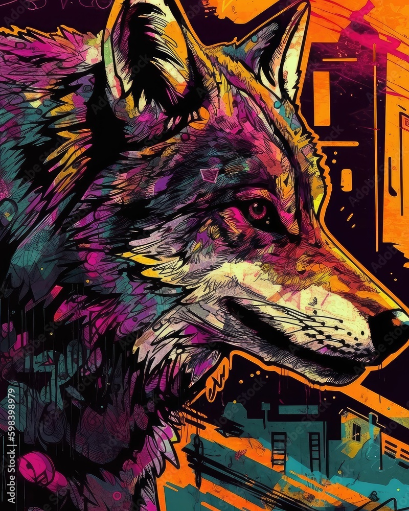Obraz premium Surreal portrait of a wolf in a watercolor style..Created with generative AI
