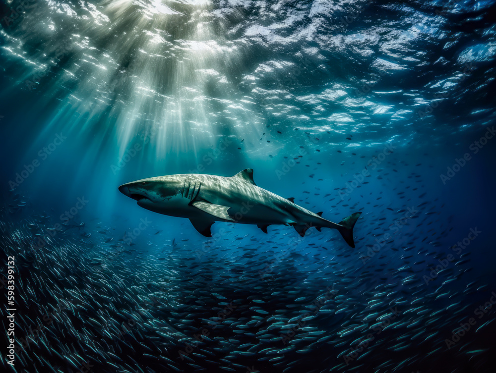 Fototapeta premium a shark swimming undersea, many fish background, dark, generative ai