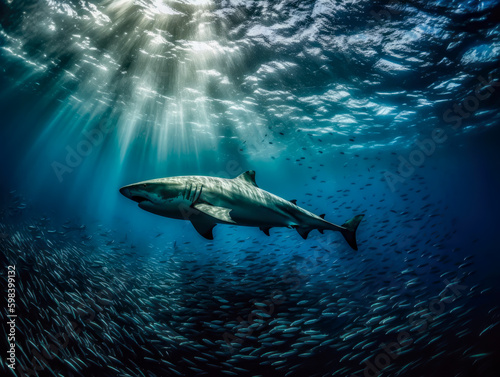 a shark swimming undersea, many fish background, dark, generative ai