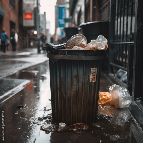 Trash can in the city full of garbage and spoiled food. Global polution. Lack of waste sorting. Overflowing trash bin. Need of city cleaning. Dirty city. Generative AI.