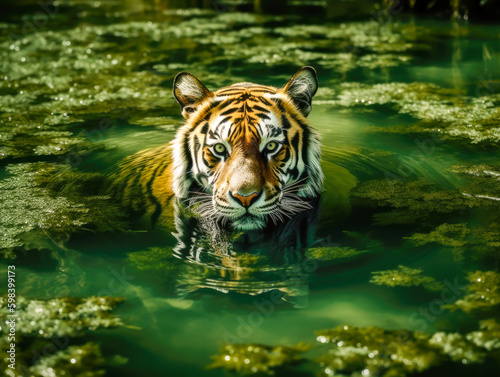 tiger in the middle of a swamp in water with algae  generative ai