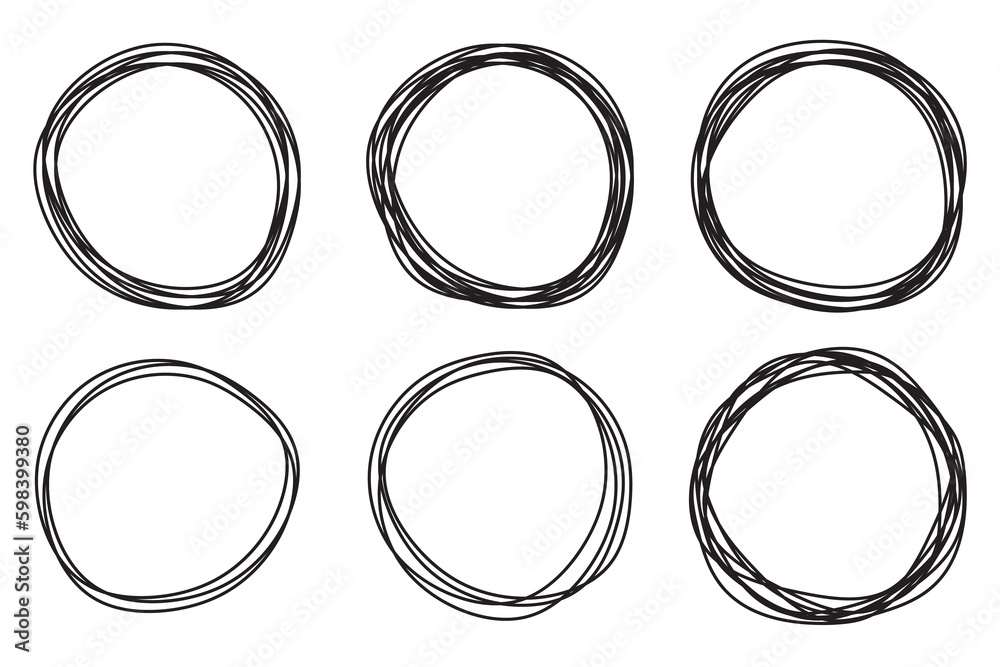 Round circular sketch frames and speech bubble pen outline with empty space inside. Black circles of ontinuous one line drawing. Vector illustration Round circular sketch frames and speech bubble pen outline with empty space inside. Black circles of ontinuous one line drawing. Vector illustration