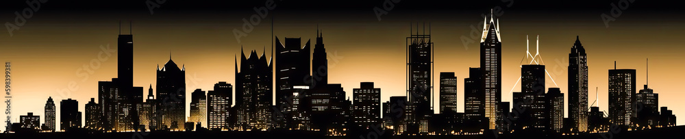 very large city skyline at sunset, illustration, generative ai