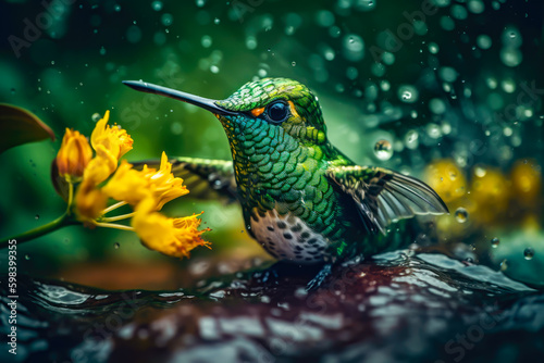 a green hummingbird is in water taking over a plant, generative ai