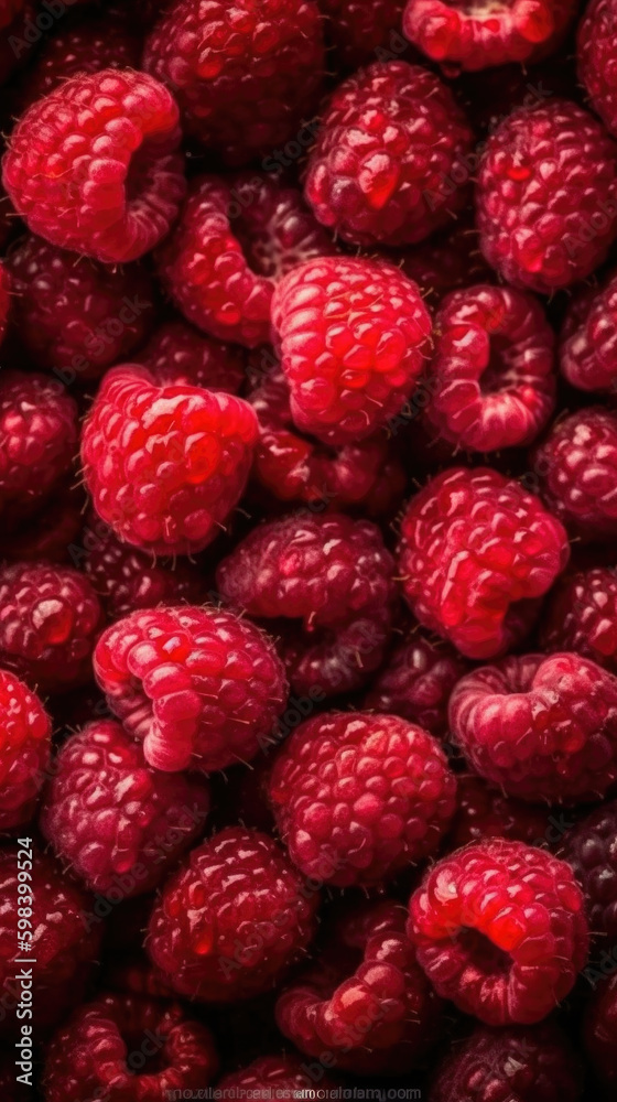 Fresh raspberries with water drops, close-up shot on black background. Generative AI. Fresh raspberries with water drops, close-up shot on black background. Generative AI.