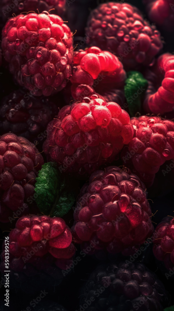 Fresh raspberries with water drops, close-up shot on black background. Generative AI. Fresh raspberries with water drops, close-up shot on black background. Generative AI.