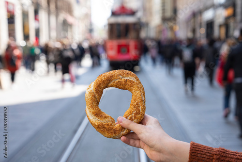 Turkish Bagel(Simit) Photo in Front of Istanbul Classics, Istiklal Street and Eminonu, Istanbul Turkiye