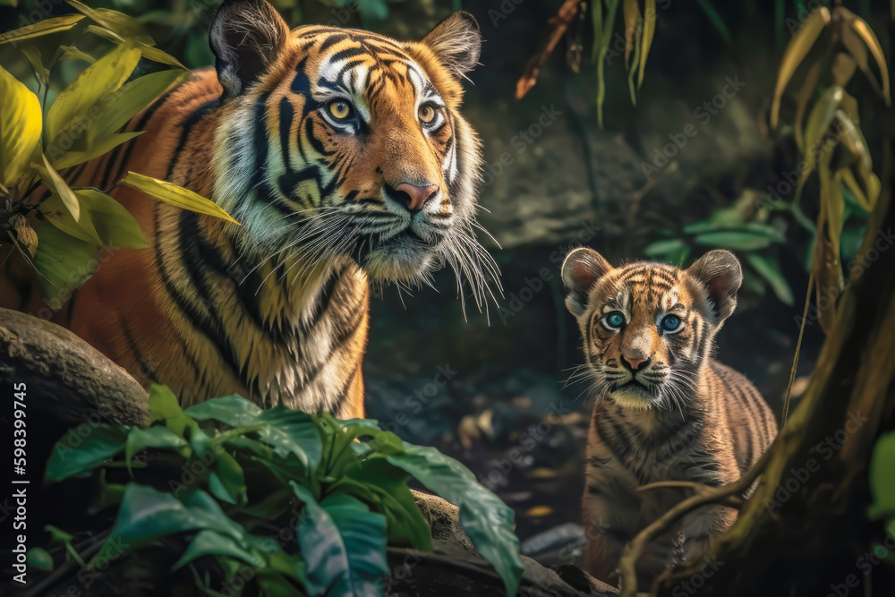 Obraz premium mother and her young tiger cub in the jungle, generative ai