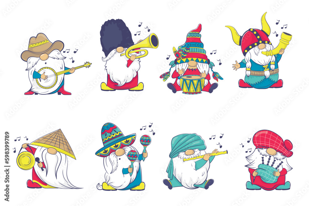 Fototapeta premium The International Gnome Band clipart. Musical Gnomes in National Costumes