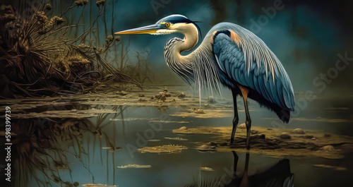 a blue heron in the swamp, generative ai photo