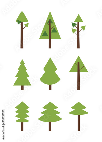 Set of coniferous tree crown with triangles. Trees isolated on white. Flat. Vector