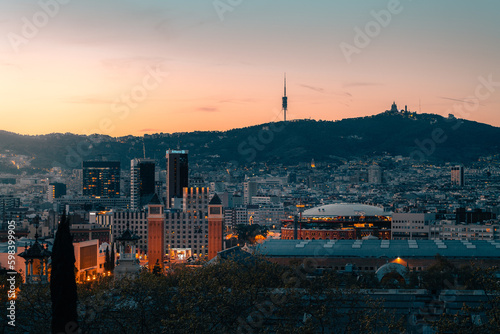 Photography Skyline of Barcelona (Catalonia, Spain) during golden hour at Sunset, from an ae