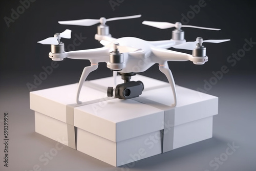 Blank white quadrocopter with box mockup, stand isolated, side view, 3d rendering. Generative AI