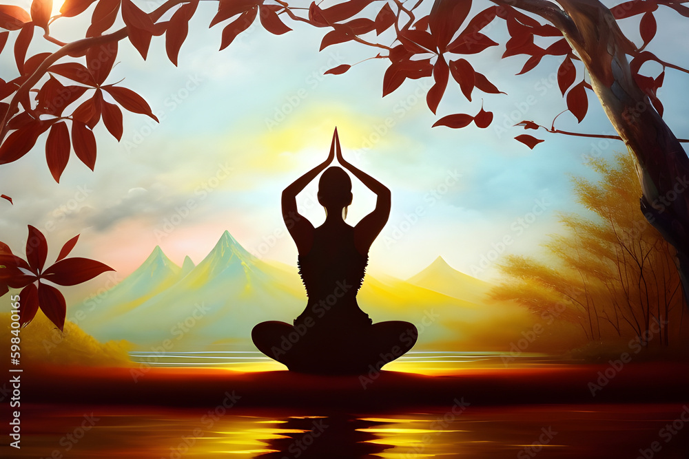 Yoga in the outdoors with sunset background on the distant mountains Generative Ai