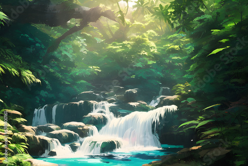 Natural Cascade waterfall in the rainforest in the hot tropical weather Generated Ai