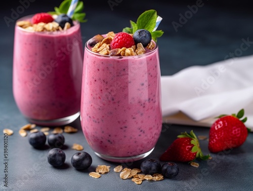 Blueberry smoothie with granola and fresh berries on a dark background