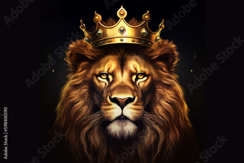 Head of King Lion with golden crown. The majestic King of beasts with luxuriant mane. Leo. Regal and powerful. Wild animal. Isolated on black. 3d digital painting