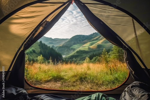 camping tent in a nature, spot view from inside, generative ai
