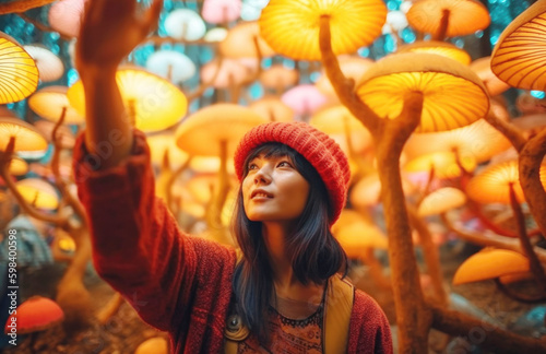 Asian woman having psychedelic experience on magic mushrooms.  photo