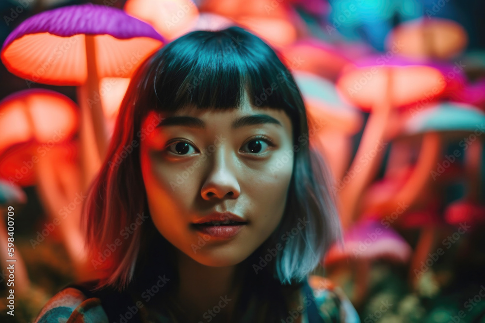 Portrait of Asian woman having psychedelic trip on magic mushrooms. Generative AI Portrait of Asian woman having psychedelic trip on magic mushrooms. Generative AI