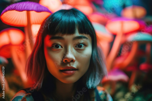 Portrait of Asian woman having psychedelic trip on magic mushrooms. Generative AI photo