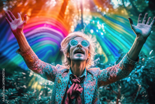 Mature man having a spiritual psychedelic acid experience. Generative AI photo