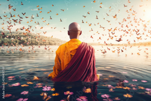 Monk meditating on water with butterflies flying around him.  pattern. Generative AI. photo