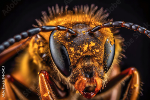a close up of a bee full of pollen, generative ai © VicenSanh