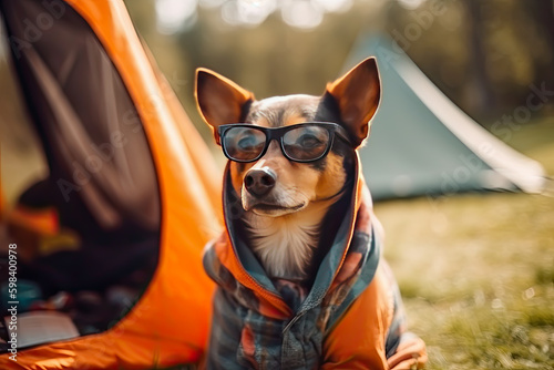 dog wearing sunglasses sitting inside orange camping tent, generative ai © VicenSanh