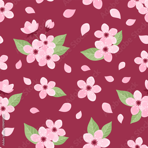 Sakura seamless pattern with flowers, buds and leaves on dark pink background. Pink cherry tree blossom pattern. Vector illustration in flat style
