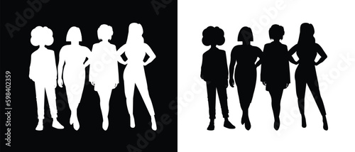 Vector black and white  body positive inclusive  fashion models silhouettes of women 