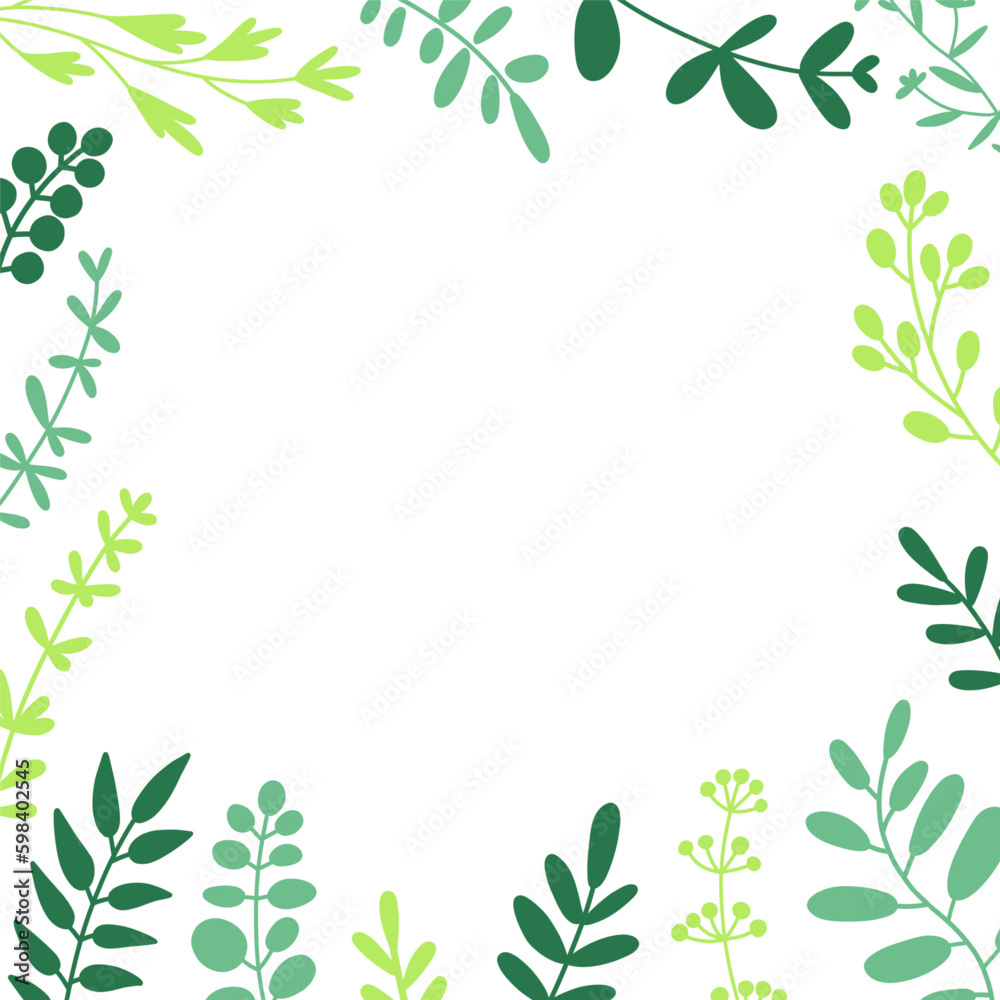 Herbal twigs and leaves border square frame. Vector flat illustration on white background. Herbal twigs and leaves border square frame. Vector flat illustration on white background.