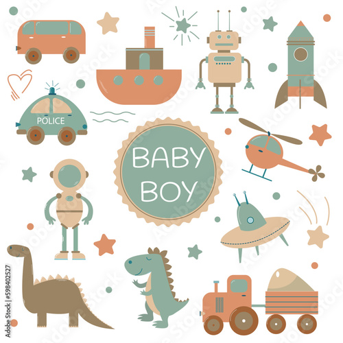 vector set with cute toys for baby boy as transport, cars, dinosaurs