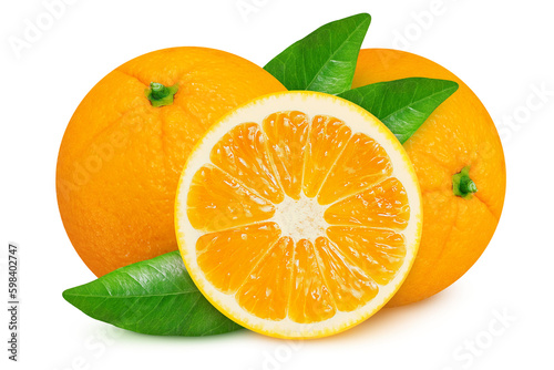 Oranges on an isolated white background. oranges and leaves