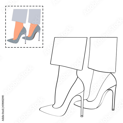 Children's coloring book for girls. Female legs in a pose. Shoes stilettos, high heels