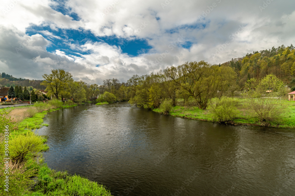 Ohre river with green forests in spring color fresh morning