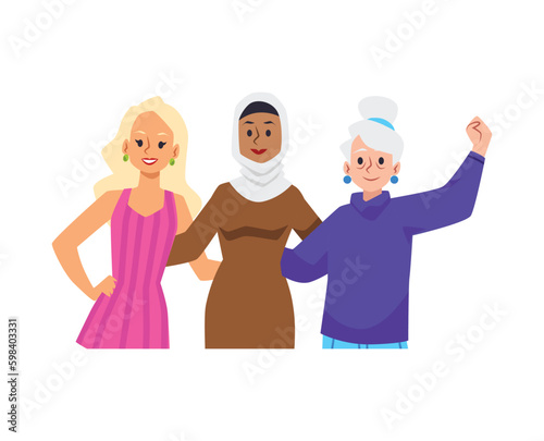 Group of multiracial women standing together supporting, flat vector isolated.