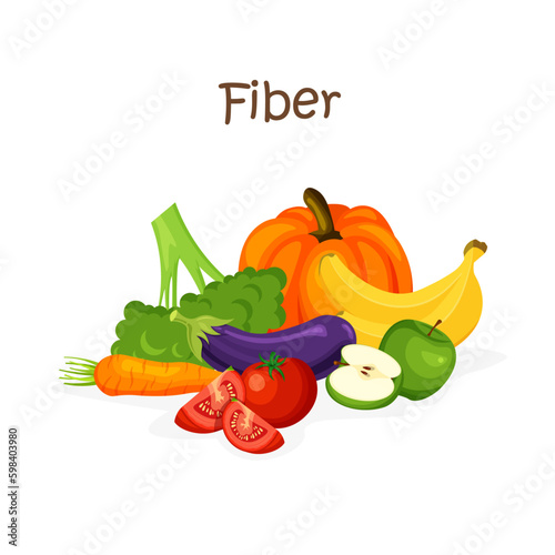 Fiber rich food. Healthy nutrition and wholesome products. Fruits, vegetables. Vector illustration in trendy flat style isolated on white background.