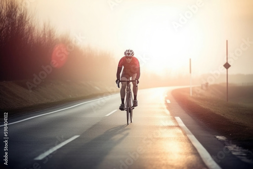 Professional cyclist in protective helmet trains on road. Athlete trains on a bicycle. Created with Generative AI