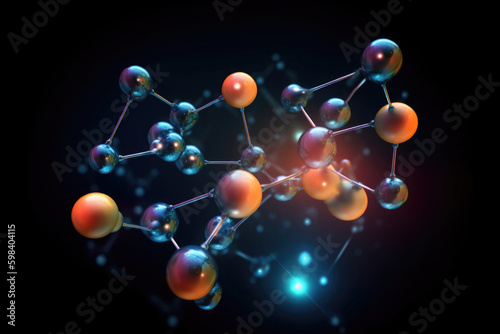 Molecular structure with connections between atoms on abstract background  macro shot. Scientific research in molecular chemistry. Created with Generative AI
